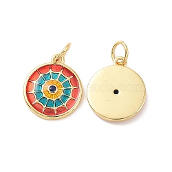 Flat Round Brass Micro Pave Cubic Zirconia Charms, with Jump Rings and Enamel, Cadmium Free & Nickel Free & Lead Free, Real 18K Gold Plated, Orange Red, 14x12x2mm, Hole: 3.4mm(KK-G435-33G-02)