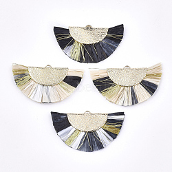 Raffia Tassel Pendants, with Metallic Cords & Brass Findings, Fan Shaped, Golden, Colorful, 27x45x3mm, Hole: 1x3mm(FIND-T026-23)