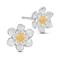 SHEGRACE Adorable 925 Sterling Silver Ear Studs, Lotus Flower with Golden Tone Bud, Mixed Color, 10mm, Pin: 0.8mm(JE292A)