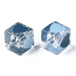 Transparent Acrylic Beads, with Enamel, Cube with Heart, Marine Blue, 14.5x14x14mm, Hole: 3mm(TACR-T004-10C)