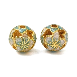 Alloy Enamel Beads, Round with Flower, Golden, Light Blue, 10.5mm, Hole: 1.8mm(ENAM-B037-07G-01)