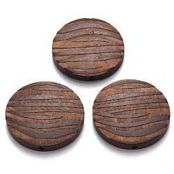 Painted Natural Wood Beads, Laser Engraved Pattern, Flat Round with Zebra-Stripe, Coconut Brown, 30x5mm, Hole: 1.6mm(WOOD-N006-06E)