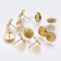 304 Stainless Steel Stud Earring Settings, Flat Round, Real 24K Gold Plated, 13x12mm, Pin: 0.8mm, Tray: 10mm(X-STAS-G174-19G)