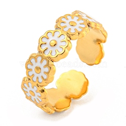 Daisy 304 Stainless Steel Enamel Open Cuff Ring for Women, Real 18K Gold Plated, White, 7mm, Adjustable(RJEW-Z041-02G-03)