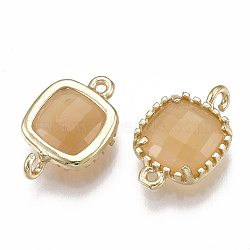 Glass Links connectors, with Brass Findings, Faceted, Square, Golden, Sandy Brown, 14.5x9.5x3.5mm, Hole: 0.8~1.2mm(GLAA-S179-07Q)