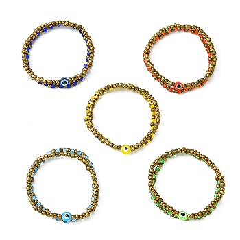 2Pcs 2 Style Glass Seed & Evil Eye Resin Beaded Stretch Bracelets Set for Women, Mixed Color, Inner Diameter: 2-1/8 inch(5.5cm)