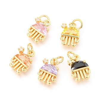 Brass Micro Pave Cubic Zirconia Charms, with Jump Rings, Long-Lasting Plated, Real 18K Gold Plated, Jellyfish Shape, Mixed Color, 12.5x8.5x4.5mm, Hole: 3.3mm