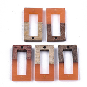 Resin & Walnut Wood Links connectors, Rectangle, Coral, 27~28x14.5x3~4mm, Hole: 1.5mm