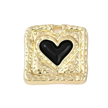 Rack Plating Alloy Enamel Pendants, Cadmium Free & Nickel Free & Lead Free, Square with Heart Charm, Golden, Black, 19x20x3mm, Hole: 2mm