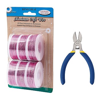 DIY Jewelry Kits, with Aluminum Wire and Iron Side Cutting Pliers, Hot Pink, 1mm, about 23m/roll, 6rolls/set