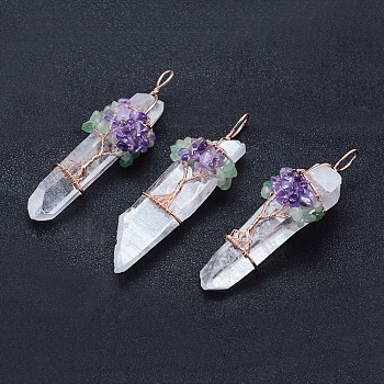 Natural Quartz Crystal and Mix Gemstone Big Pointed Pendants, with Brass Findings, Bullet, Rose Gold, 70~85x22~30x18~23mm, Hole: 4~6x7~9mm