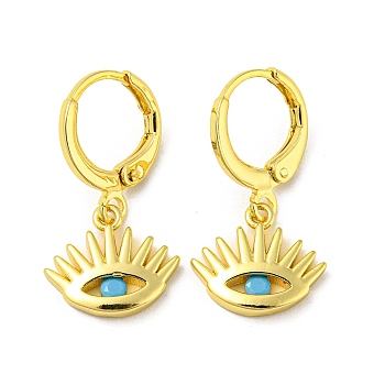 Real 18K Gold Plated Brass Dangle Leverback Earrings, with Glass, Evil Eye, Deep Sky Blue, 25x13mm