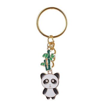 Panda & Bamboo Alloy Enamel Pendant Keychains, with Iron Split Key Rings, Golden, 7.55cm