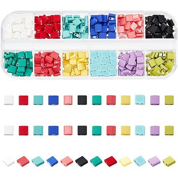 Nbeads 420Pcs 12 Colors 2-Hole Glass Seed Beads, Rubberized Style, Rectangle, Mixed Color, 5x4.5~5.5x2~2.5mm, Hole: 0.5~0.8mm, 35Pcs/color