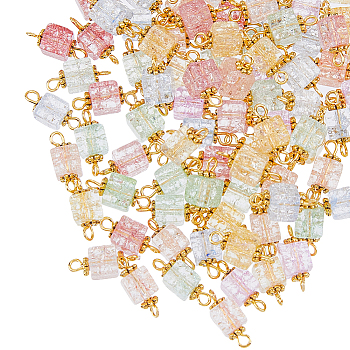 100Pcs Crackle Glass Connector Charms, with Golden Tone Alloy Beads, Square, Mixed Color, 15~15.5x6~7x6~7mm, Hole: 1.5~2mm