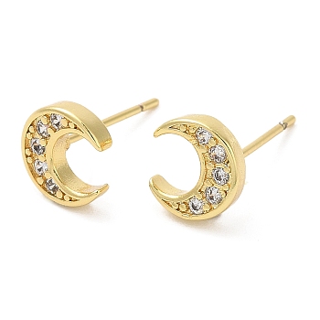 Rack Plating Brass Crescent Moon Stud Earrings with Cubic Zirconia, Lead Free & Cadmium Free, Real 18K Gold Plated, 8x7.5mm