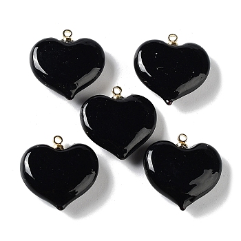 Handmade Lampwork Pendants, with Rack Plating Golden Tone Brass Findings, Long-Lasting Plated, Heart Charm, Black, 18.5x17x6.5mm, Hole: 1.4mm