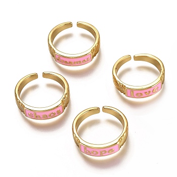 Brass Enamel Cuff Rings, Open Rings, Word, Real 18K Gold Plated, Long-Lasting Plated, Pearl Pink, US Size 6, Inner Diameter: 17mm