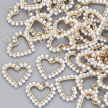 ABS Plastic Imitation Pearl Wire Wrapped Pendants, with Light Gold Plated Brass Wire, Heart, Creamy White, 22~23x24x3mm, Hole: 2~3mm