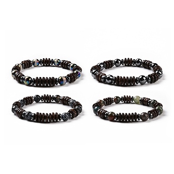 4Pcs Natural Crackle Agate & Indian Agate & Natural Agate & Synthetic Hematite and Coconut Beads Stretch Bracelets Set for Women Men, Inner Diameter: 2-1/8 inch(5.5cm)