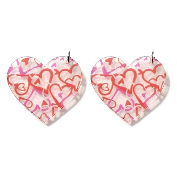 Printed Acrylic Pendants, Hot Pink, with Platinum Tone Loop, Heart, 36.5x36x1.5mm, Hole: 5mm