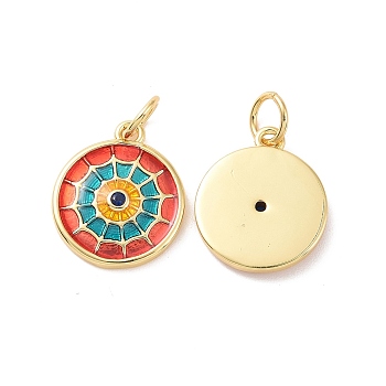 Flat Round Brass Micro Pave Cubic Zirconia Charms, with Jump Rings and Enamel, Cadmium Free & Nickel Free & Lead Free, Real 18K Gold Plated, Orange Red, 14x12x2mm, Hole: 3.4mm