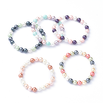 Shell Pearl Beads Stretch Bracelets, Colorful, Mixed Color, Inner Diameter: 2-1/8 inch(5.4cm), Beads: 8mm