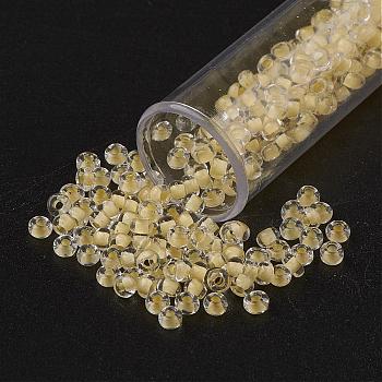 11/0 Grade A Round Glass Seed Beads, Transparent Inside Colours, Pale Goldenrod, 2.3x1.5mm, Hole: 1mm, about 48500pcs/pound