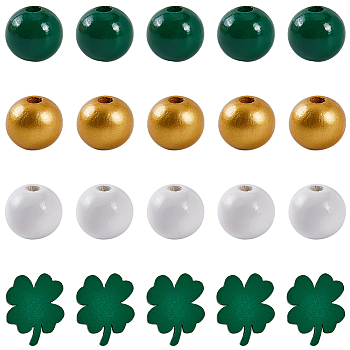 140Pcs 4 Styles Saint Patrick's Day Themed Printed Natural Wooden Beads Sets, Mixed Shapes, Mixed Color, 16mm, Hole: 4mm
