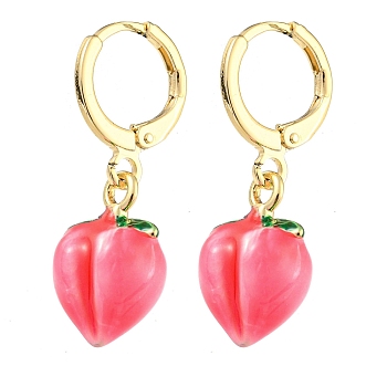 Fuchsia Peach Glass Dangle Leverback Earrings, Brass Earrings, Real 18K Gold Plated, 28.5x11mm