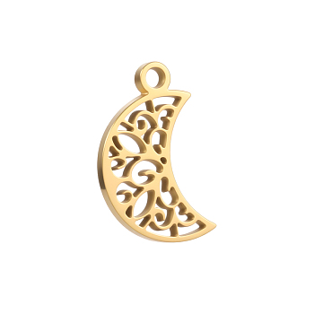 304 Stainless Steel Charms, Ion Plating(IP), Moon with Floral Pattern Charms, Cut-Out, Real 14K Gold Plated, 12x7mm, Hole: 1mm