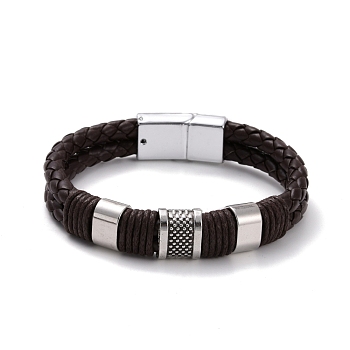 Retro Leather Braided Cord Bracelet for Men, Rectangle Alloy Beads Bracelet with Magnetic Clasps, Antique Silver, Coffee, 8-1/2 inch(21.5cm)