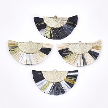 Raffia Tassel Pendants, with Metallic Cords & Brass Findings, Fan Shaped, Golden, Colorful, 27x45x3mm, Hole: 1x3mm