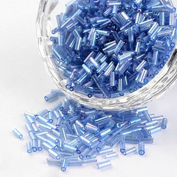 Tube Transparent Colours Rainbow Plated Glass Seed Beads, Cornflower Blue, 3~5x1.8~2mm, Hole: 0.8mm, about 12000pcs/450g