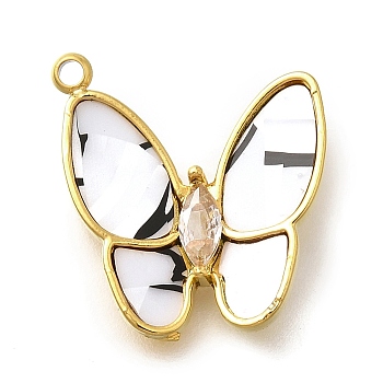 304 Stainless Steel with Cubic Zirconia and Shell Charms, Butterfly, White, 17x15.5x2.5mm, Hole: 1.4mm