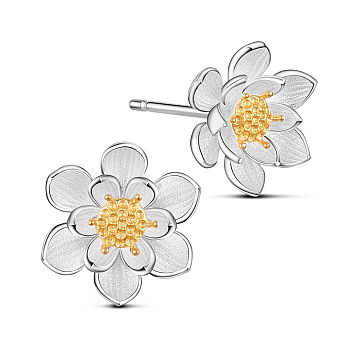 SHEGRACE Adorable 925 Sterling Silver Ear Studs, Lotus Flower with Golden Tone Bud, Mixed Color, 10mm, Pin: 0.8mm