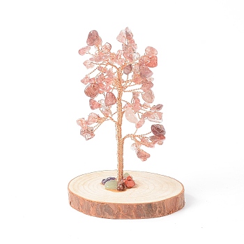 Natural Strawberry Quartz Chips with Brass Wrapped Wire Money Tree on Wood Base Display Decorations, for Home Office Decor Good Luck, 51.5~75x115mm