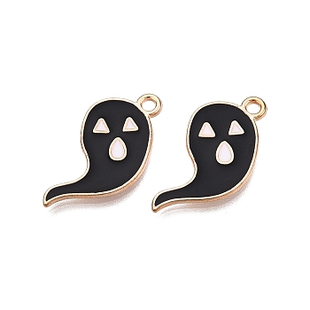 Halloween Theme Alloy Enamel Pendants, Cadmium Free & Lead Free, Light Gold, Ghost Charm, Black, 14.5x19.5x1.5mm, Hole: 1.6mm