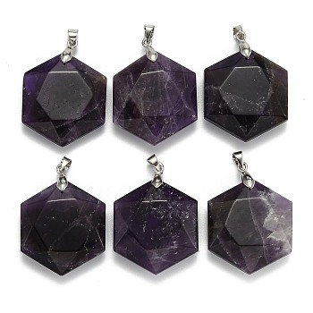 Natural Amethyst Pendants, with Platinum Tone Brass Findings, Faceted, Hexagon, 28x25x9mm, Hole: 4x5mm