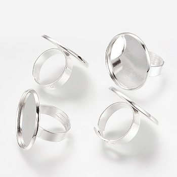 Adjustable Brass Finger Ring Components, Cadmium Free & Nickel Free & Lead Free, Silver Color Plated, Tray: 25mm, 17mm inner diameter