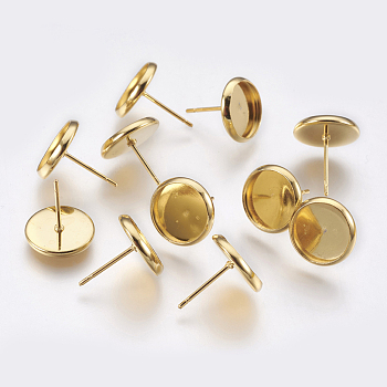 304 Stainless Steel Stud Earring Settings, Flat Round, Real 24K Gold Plated, 13x12mm, Pin: 0.8mm, Tray: 10mm