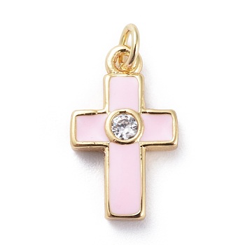 Cubic Zirconia Charms, with Brass Findings and Enamel, Cross, Golden, Pink, 15x9x2.5mm, Hole: 1.8mm