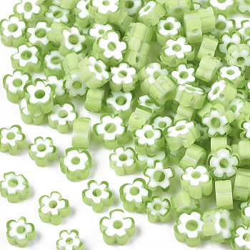 Glass Beads, Flower, Light Green, 5~7x5~7x2~3mm, Hole: 1mm
