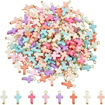 200Pcs Opaque Acrylic Pendants, with Iron Finding, Tibetan Style Alloy Daisy Spacer Beads, Cross, Mixed Color, 22.5x12x4mm, Hole: 3mm