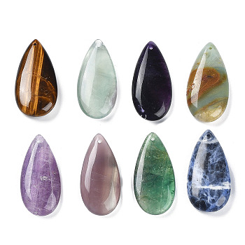 Natural Gemstone Pendants, Teardrop Charms, 40x20x8mm, Hole: 1.2mm