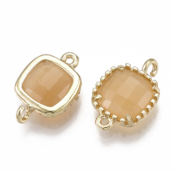 Glass Links connectors, with Brass Findings, Faceted, Square, Golden, Sandy Brown, 14.5x9.5x3.5mm, Hole: 0.8~1.2mm