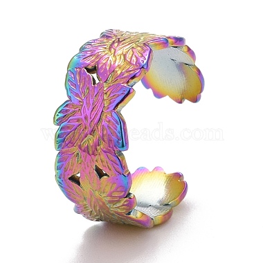 Rainbow Color Ion Plating(IP) 304 Stainless Steel Leaf Open Cuff Ring for Women(RJEW-A005-16)-2
