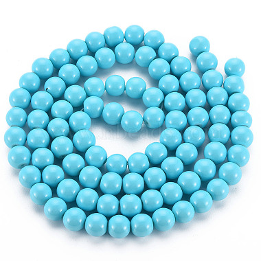 Painted Glass Bead Strands, Baking Paint, Round, Light Sky Blue