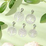 201 Stainless Steel Flat Round with Tree of Life Pendant Decorations, Lobster Claw Clasps Charms for Bag Ornaments, Stainless Steel Color, 43~44mm(HJEW-JM02521)