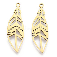 201 Stainless Steel Pendants, Filigree Joiners Findings, Laser Cut, Feather, Golden, 33x10x1mm, Hole: 1.6mm(STAS-S105-JN877-2)